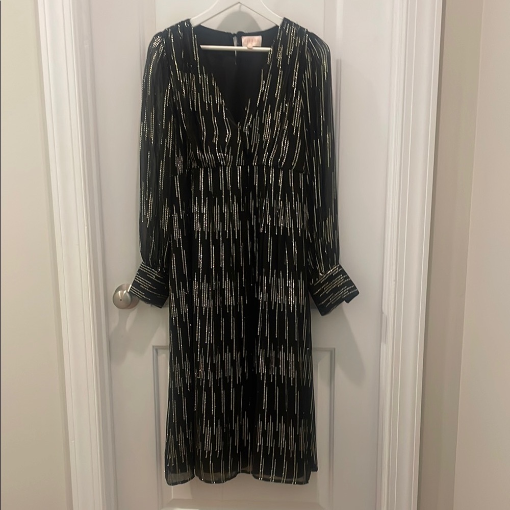 Black and Gold Plunge Neck Bishop Sleeve Evening Dress